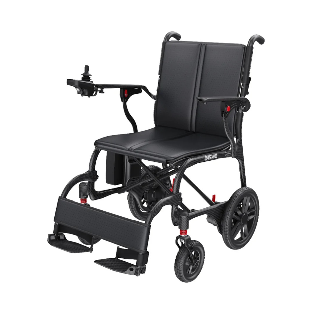 The Easwe® C30 is an ultra-lightweight black carbon fiber electric wheelchair with padded seat and backrest, joystick control on the right armrest, footrests, and four wheels—designed for advanced mobility, comfort, and ease.